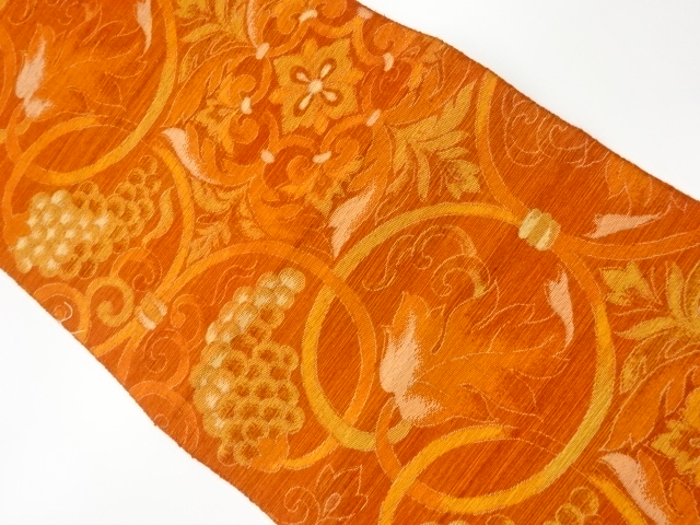 JAPANESE KIMONO / VINTAGE NAGOYA OBI / TSUMUGI / WOVEN FLOWER CREST & GRAPE ARABESQUE